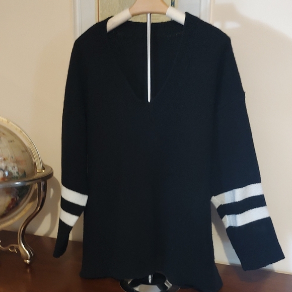 SHEIN Black V-Neck Sweater with White Sleeve Stripes - Picture 1 of 8